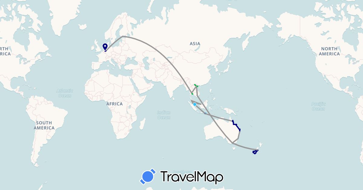 TravelMap itinerary: driving, bus, plane, train, boat in Australia, Germany, Finland, Indonesia, Malaysia, Netherlands, New Zealand, Singapore, Thailand, Vietnam (Asia, Europe, Oceania)